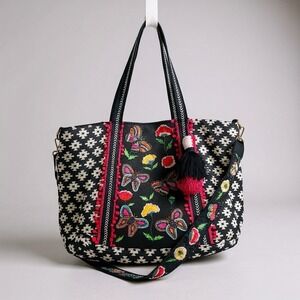America & Beyond Tote Beaded Embroidered Butterflies Floral Shoulder Strap Boho